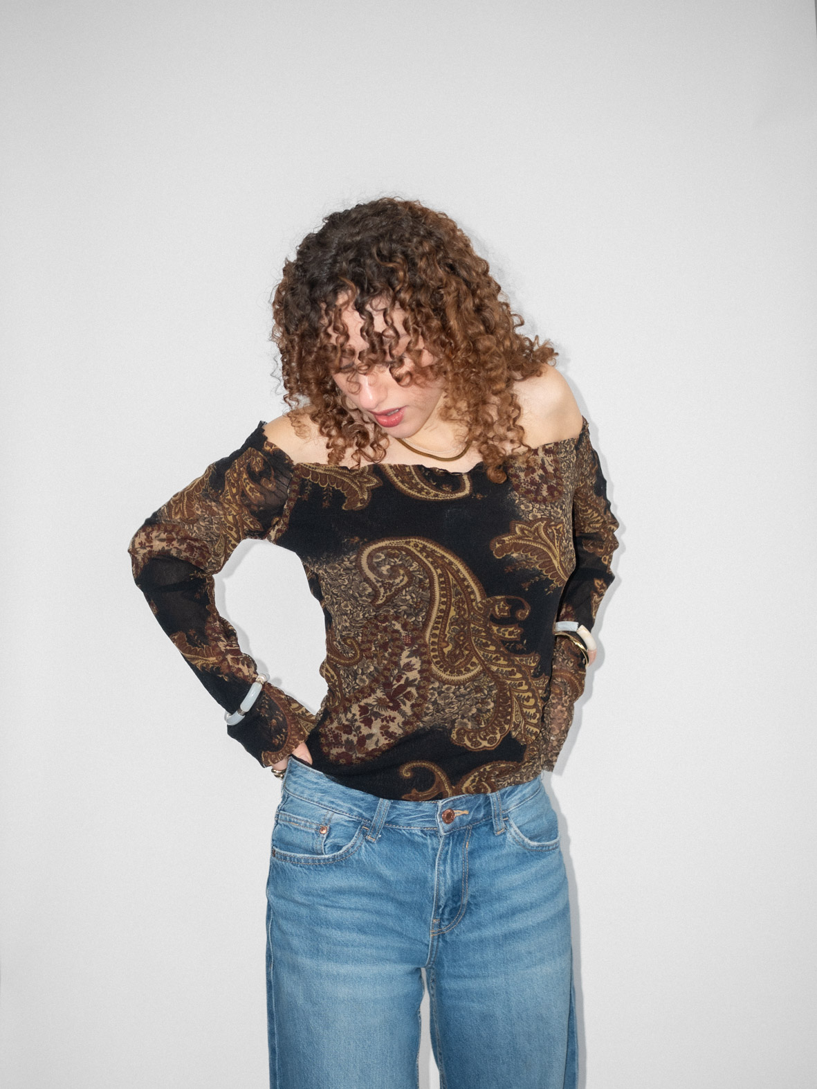 Off-Shoulder Vintage Boho Long Sleeve Top - M - Image 5