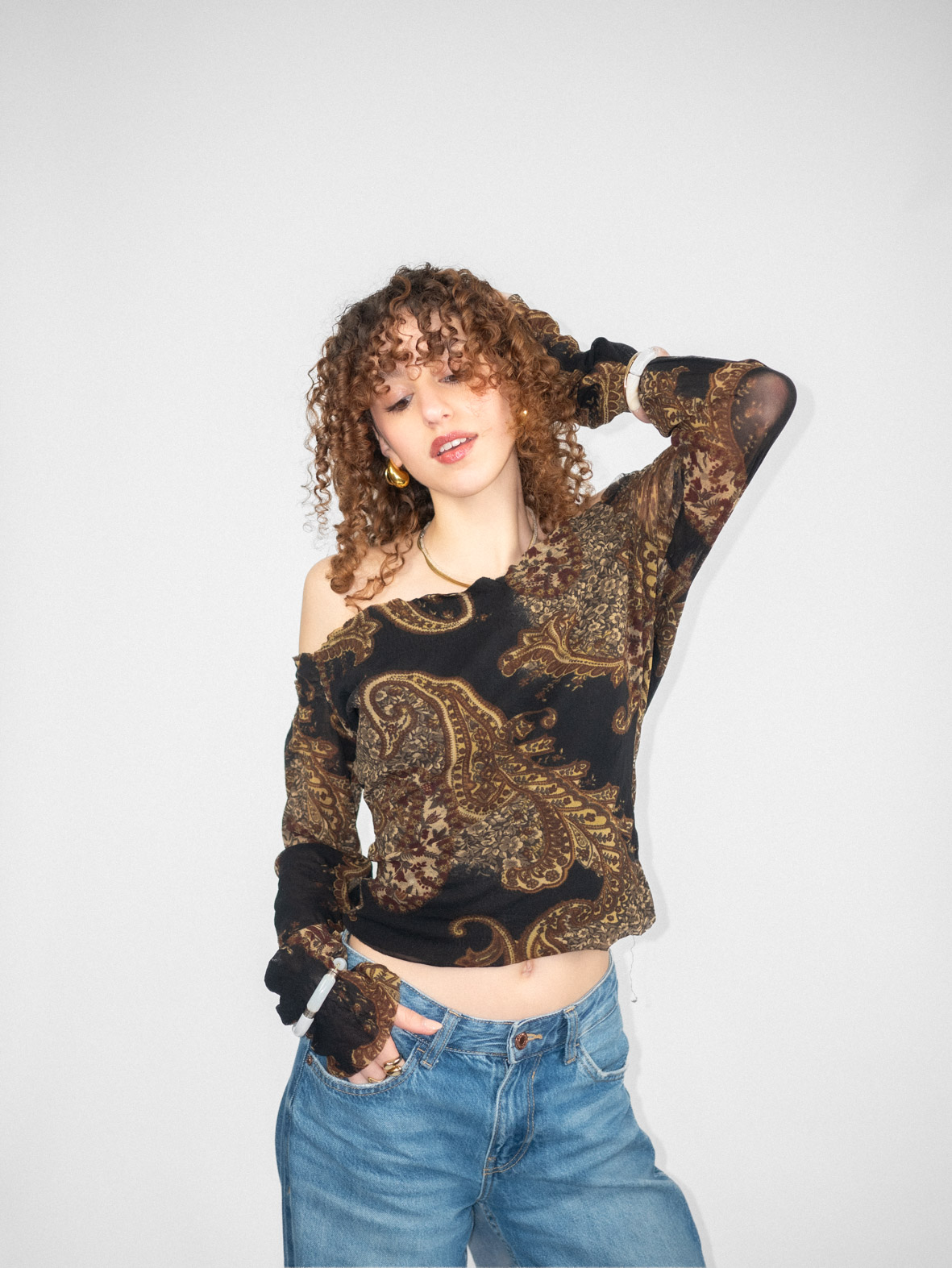 Off-Shoulder Vintage Boho Long Sleeve Top - M