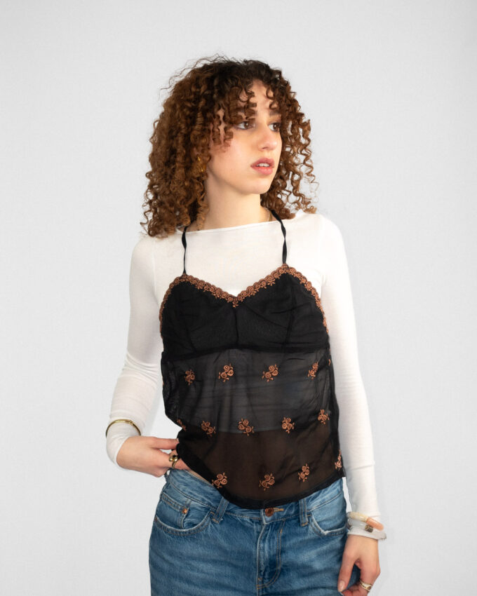 00s Sheer Mesh Cami with Embroidery - XS-M