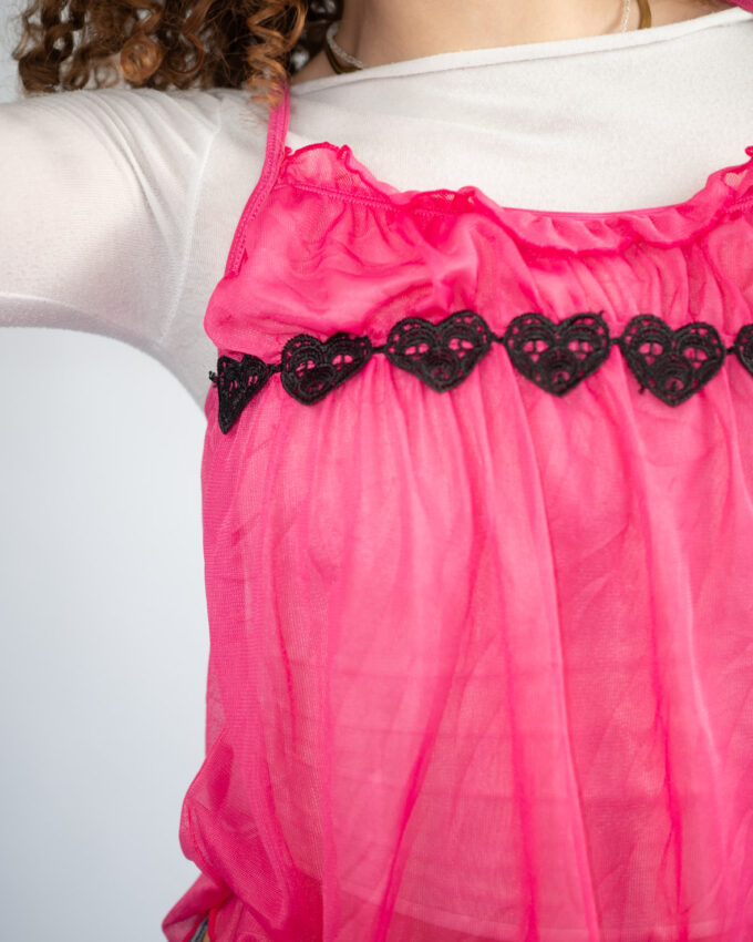 00s Pink Sheer Cami with Heart Lace Trim - S