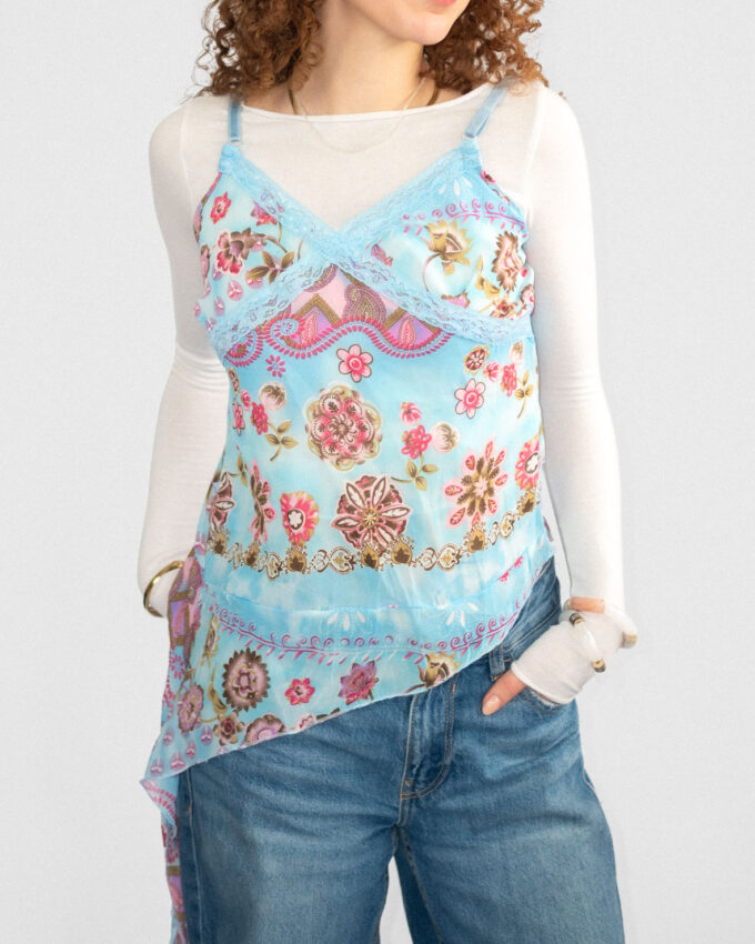 00s Mermaid Blue Asymmetrical Vintage Top - S