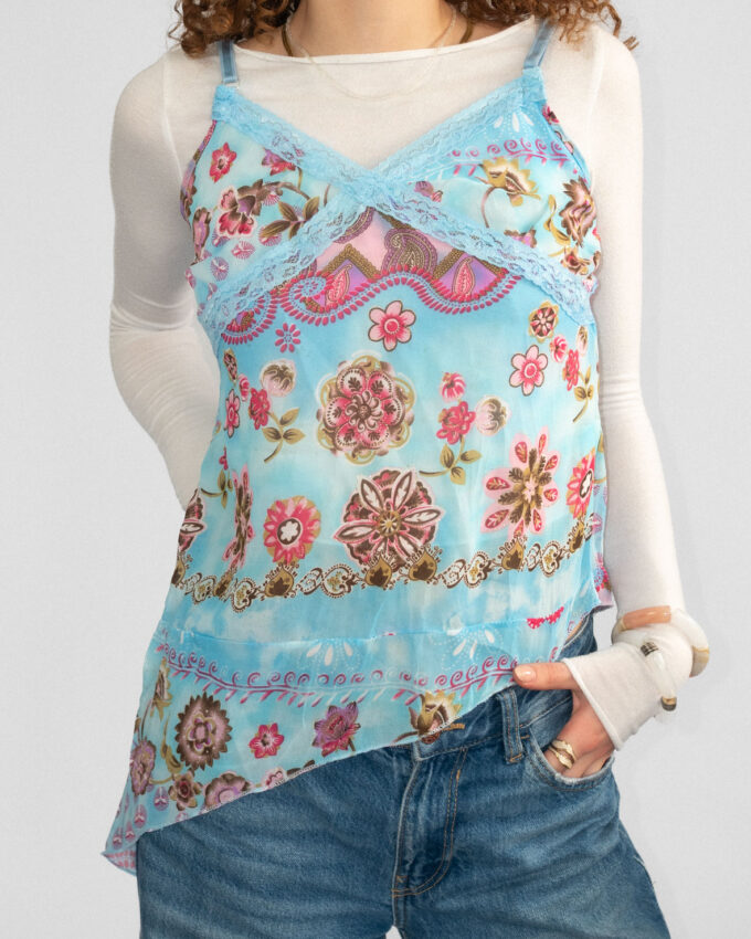00s Mermaid Blue Asymmetrical Vintage Top - S
