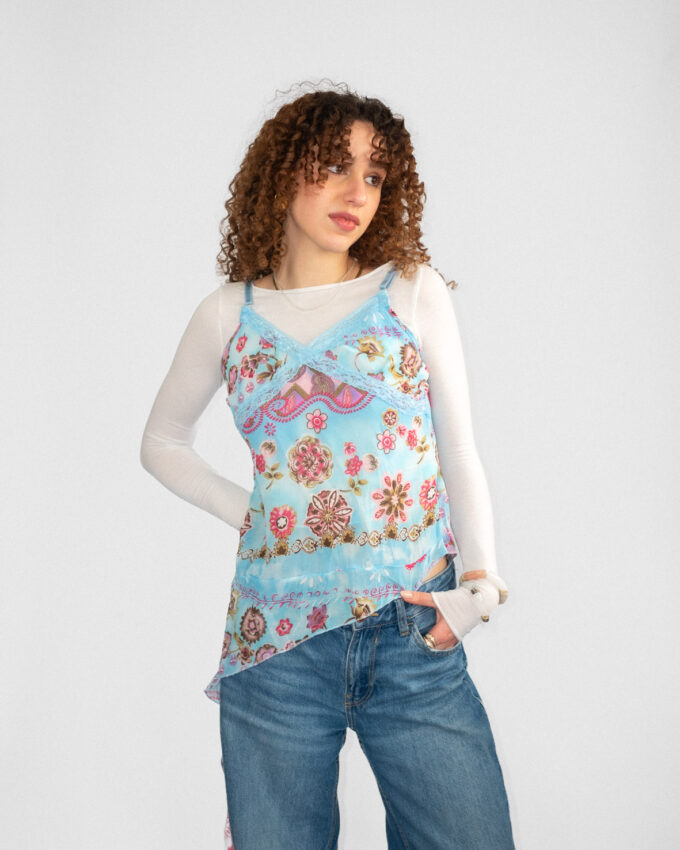 00s Mermaid Blue Asymmetrical Vintage Top - S