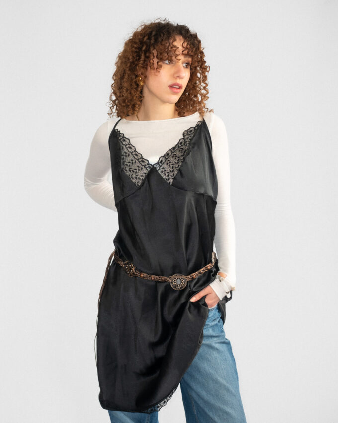 00s Black Lace Detail Slip Dress - L