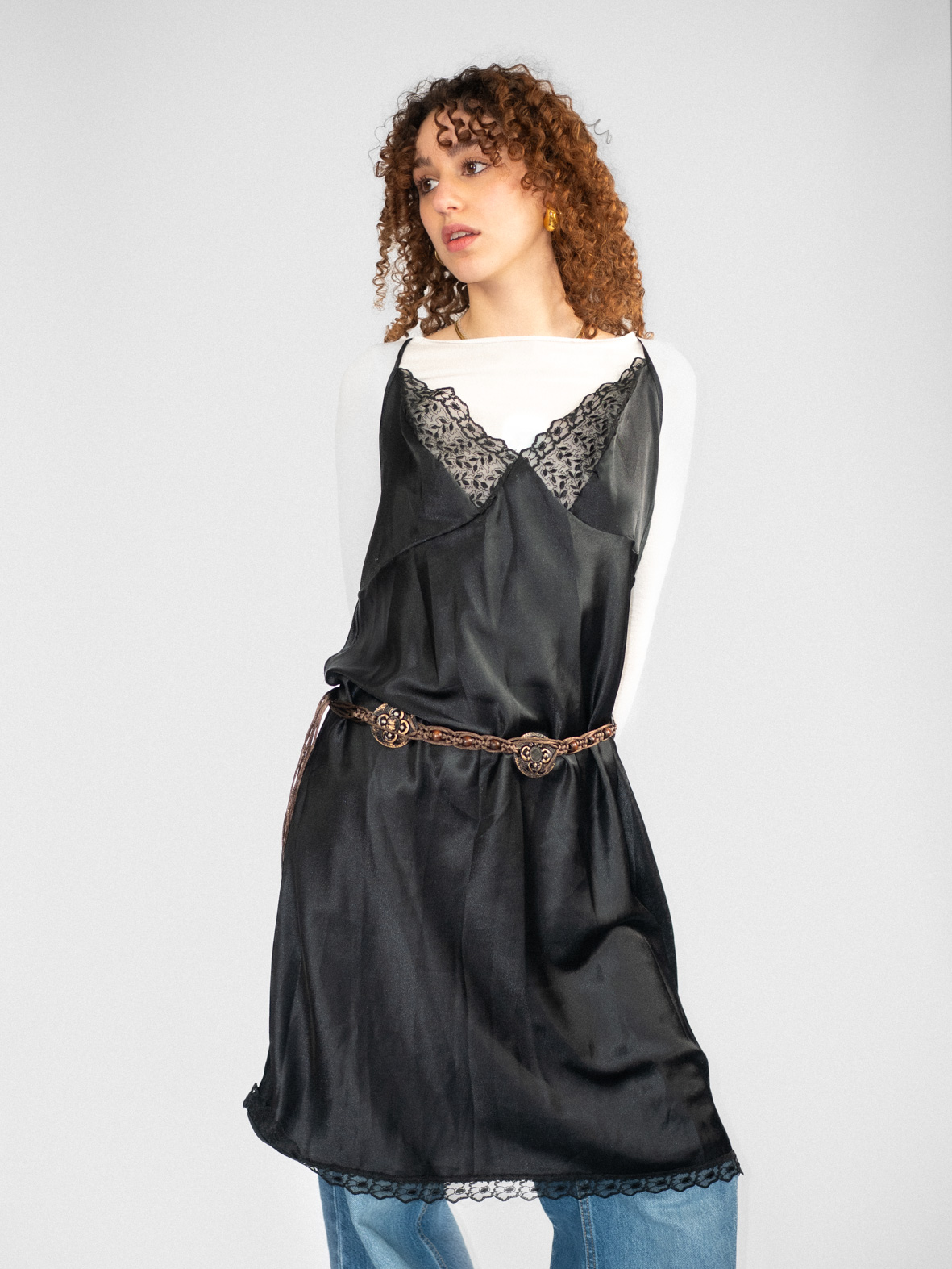00s Black Lace Detail Slip Dress - L - Image 3