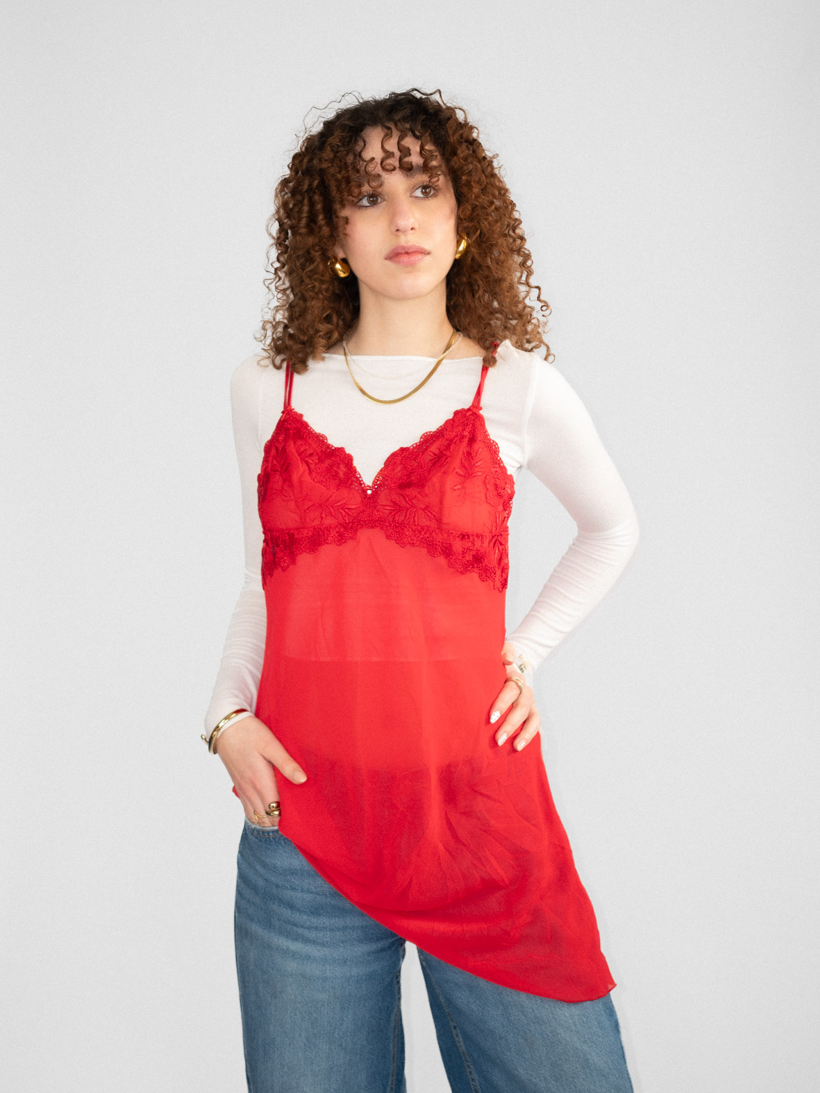 00s Red Lace Trim Slip Dress - M
