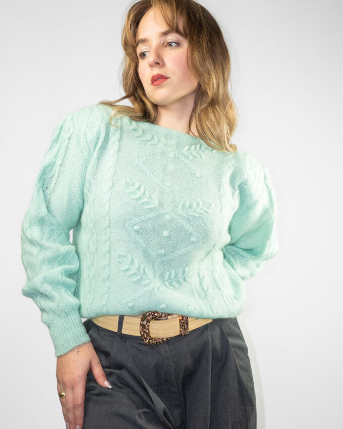Kid Mohair Blend Pastel Petrol Vintage 80s Knit – Structured Silhouette  - M
