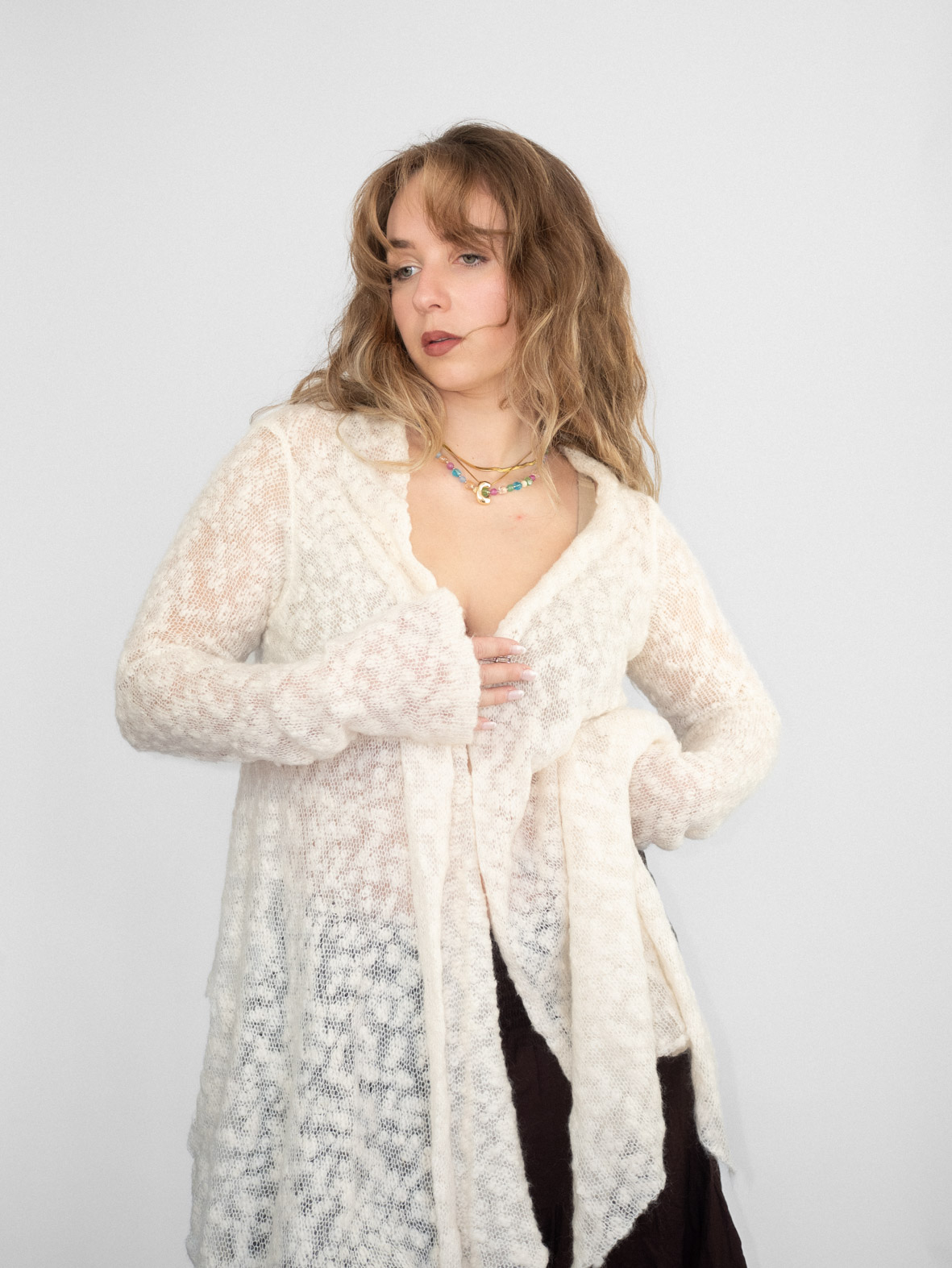 White Asymmetrical Knit Cardigan - M - Image 2