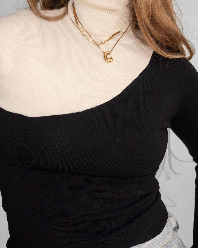 Two-Tone Asymmetric Vintage Turtleneck Top - S/XS