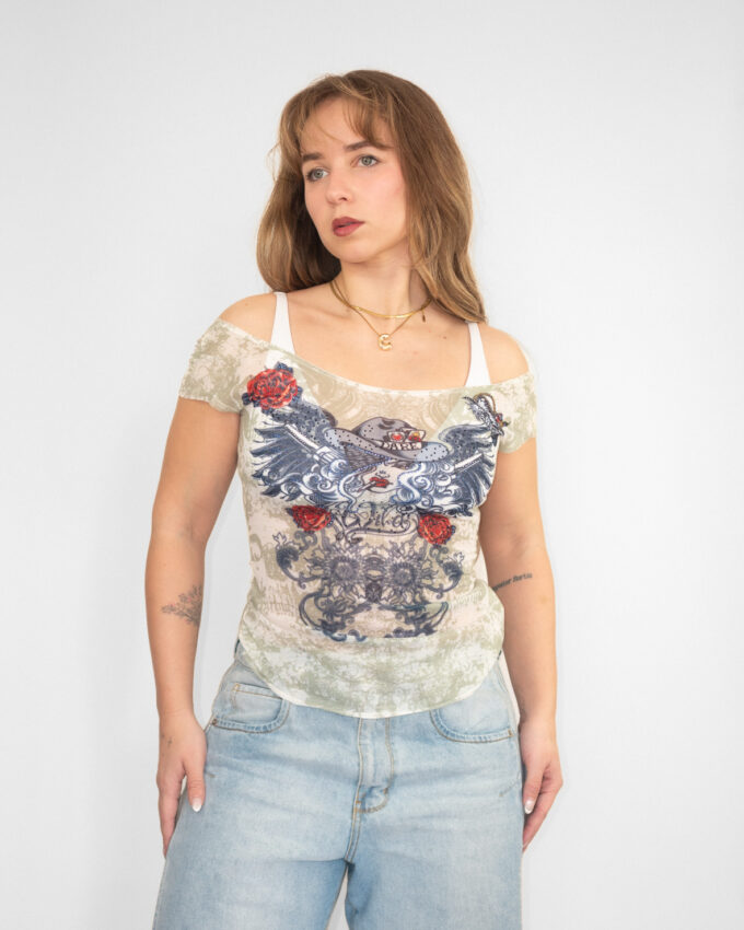 Graphic Y2K Rhinestones Top - S