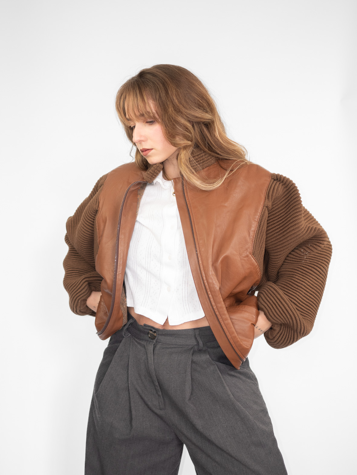 One of a Kind Vintage Camel Brown Wool & Leather Jacket - M - Image 2