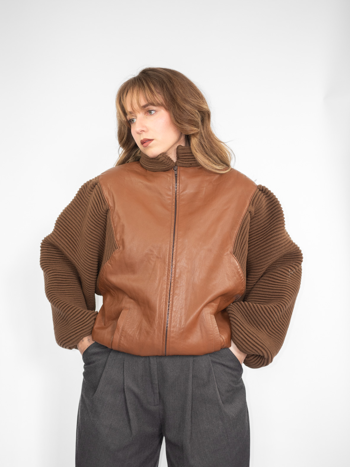 One of a Kind Vintage Camel Brown Wool & Leather Jacket - M - Image 8