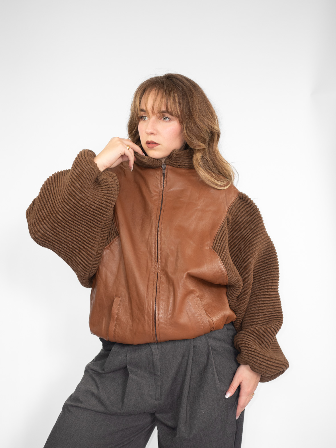 One of a Kind Vintage Camel Brown Wool & Leather Jacket - M - Image 6