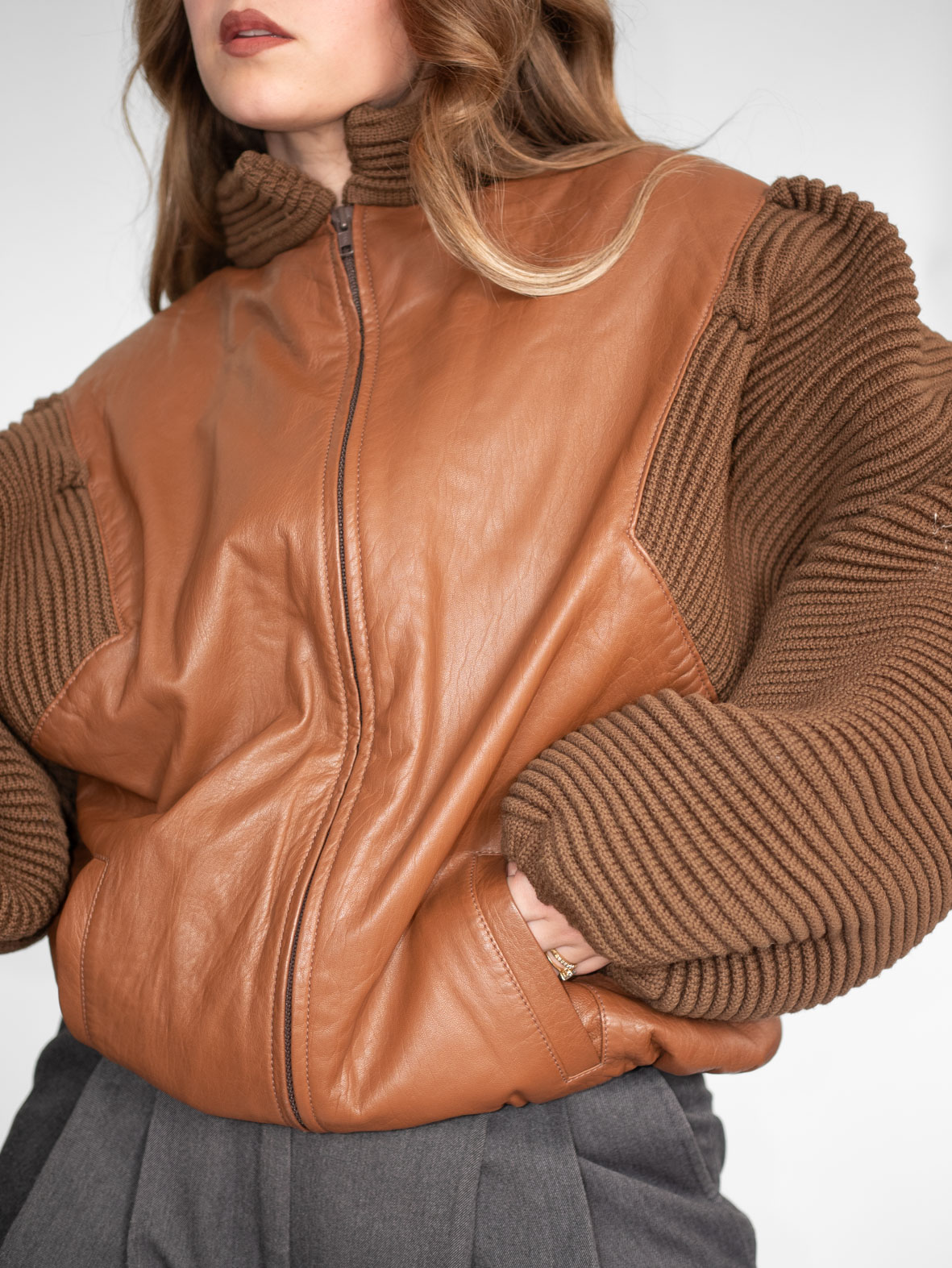 One of a Kind Vintage Camel Brown Wool & Leather Jacket - M - Image 4
