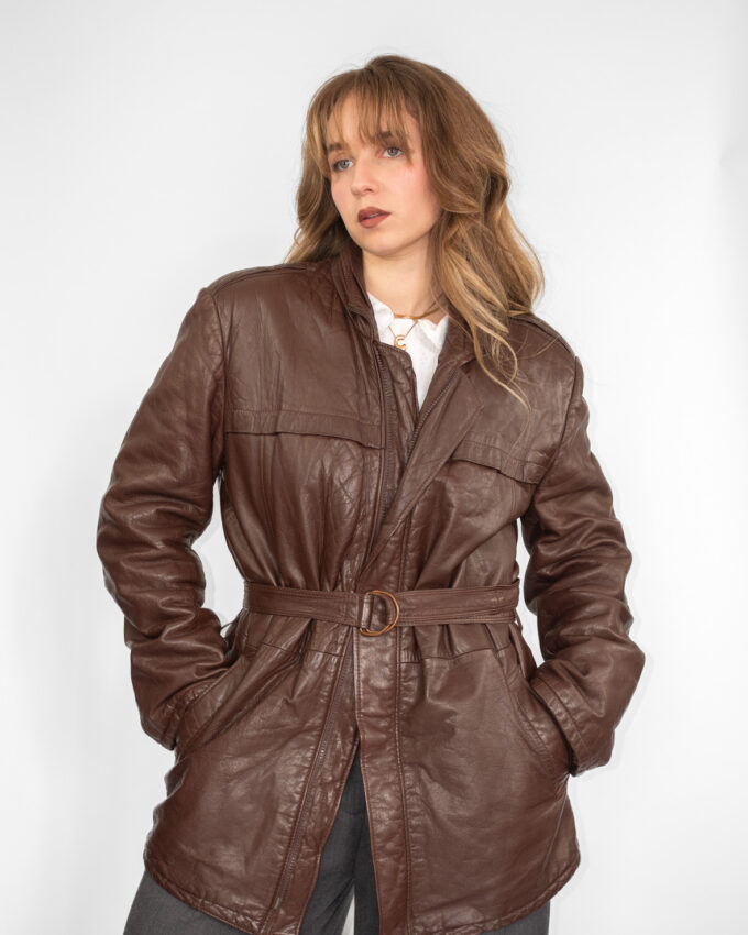 Chocolate Vintage Leather Coat  - M