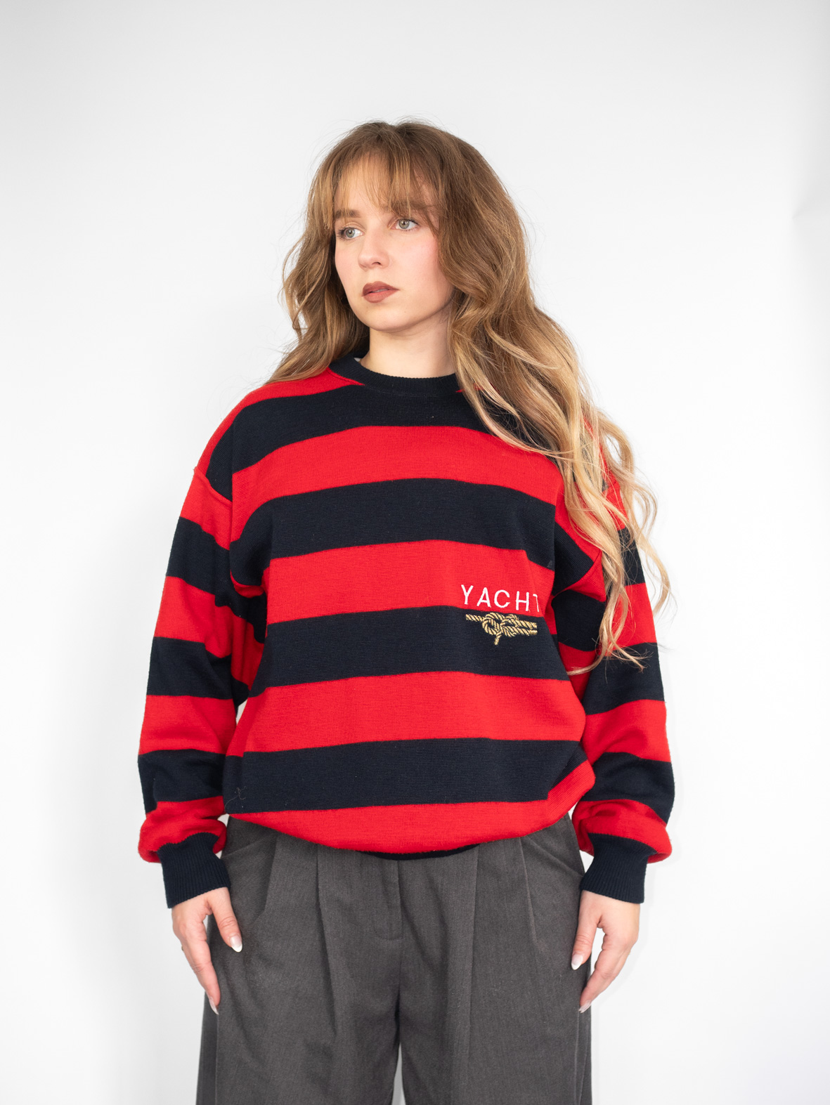 Vintage Yacht Club Navy Blue/Red Striped Sweatshirt - M/L - Image 3