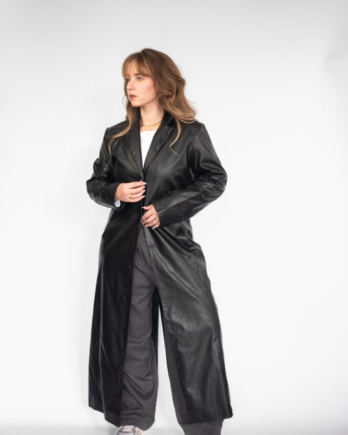 Black Vintage Leather Maxi Coat  - M