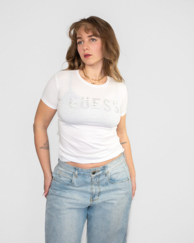 Guess Rhinestone Logo Baby Tee - S