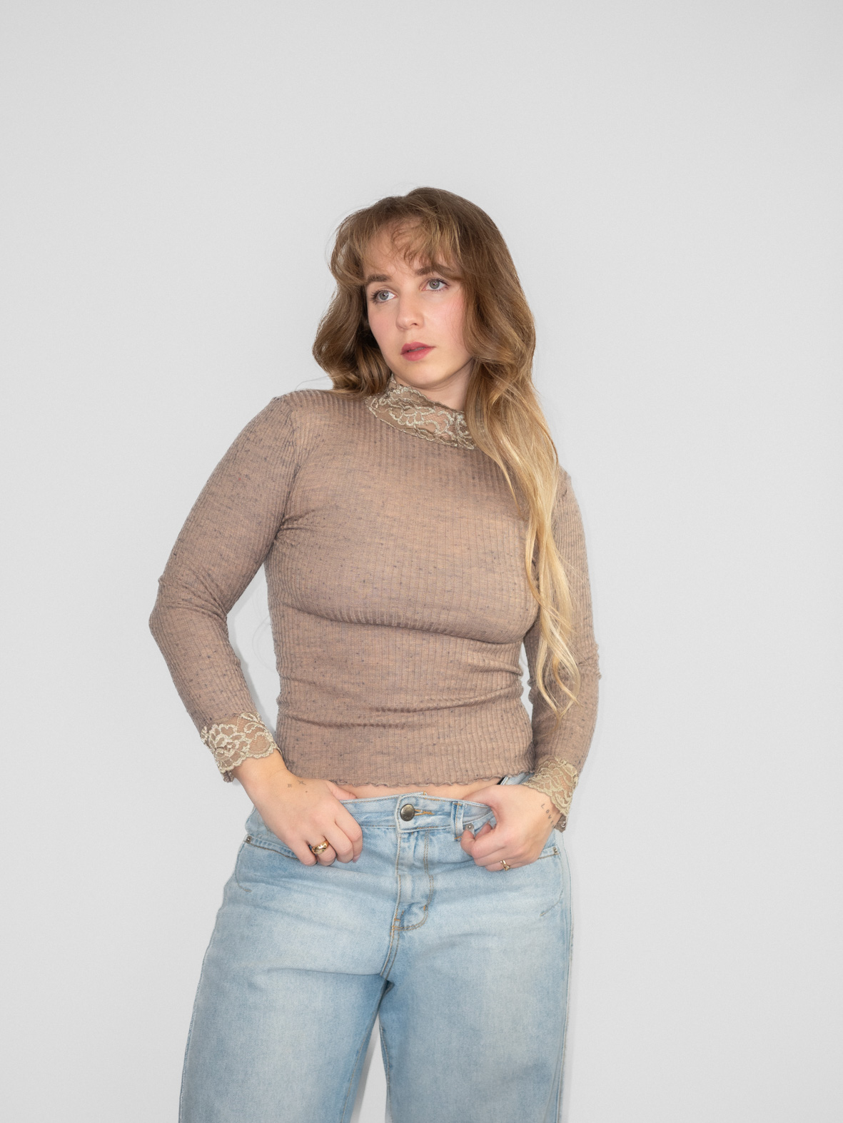 Lace Trim Brown Longsleeve - S