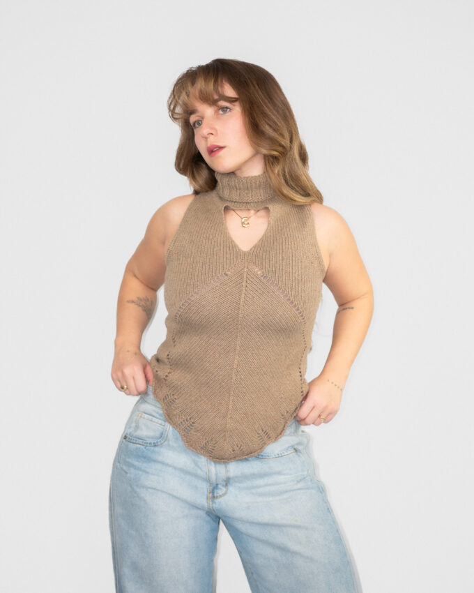 Beige Vintage V-Neck Knit Top  - S-M