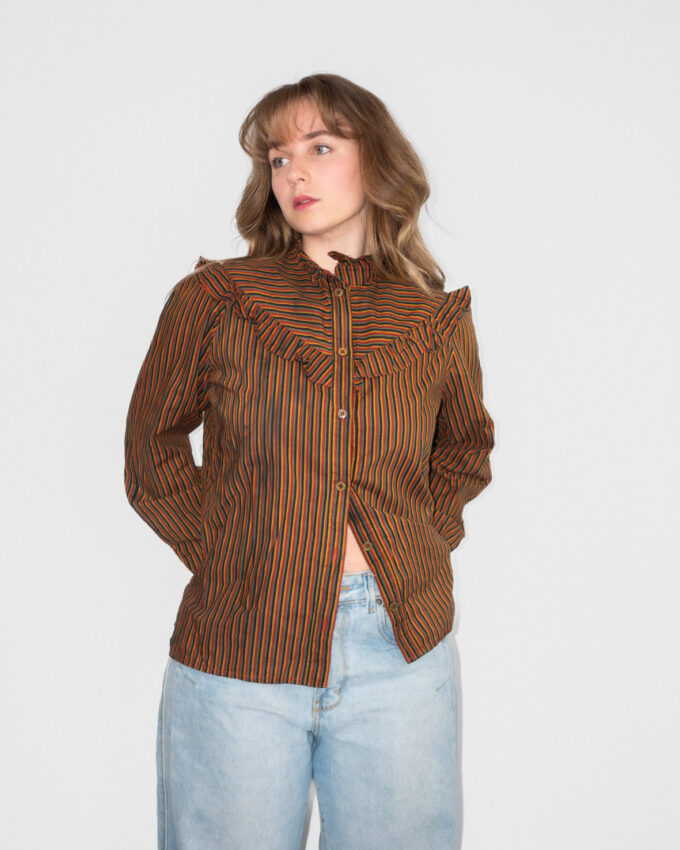 Brown Ruffle Detail Vintage Blouse  - S-M