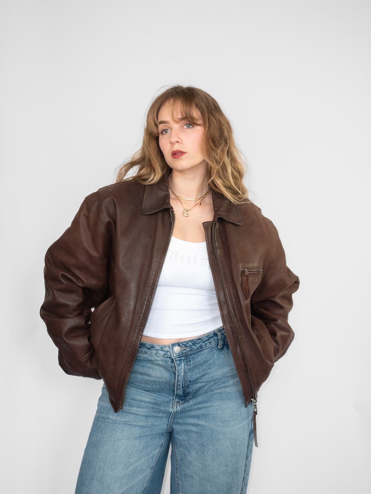Vintage Dark Brown Unlimited High Quality Minimal Leather Jacket - L