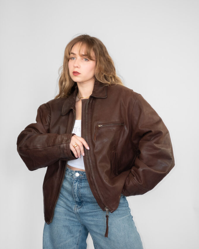 Vintage Dark Brown Unlimited High Quality Minimal Leather Jacket - L
