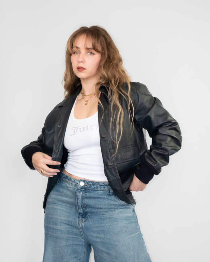 Black Vintage Leather Jacket (Clean Fit) - S/M