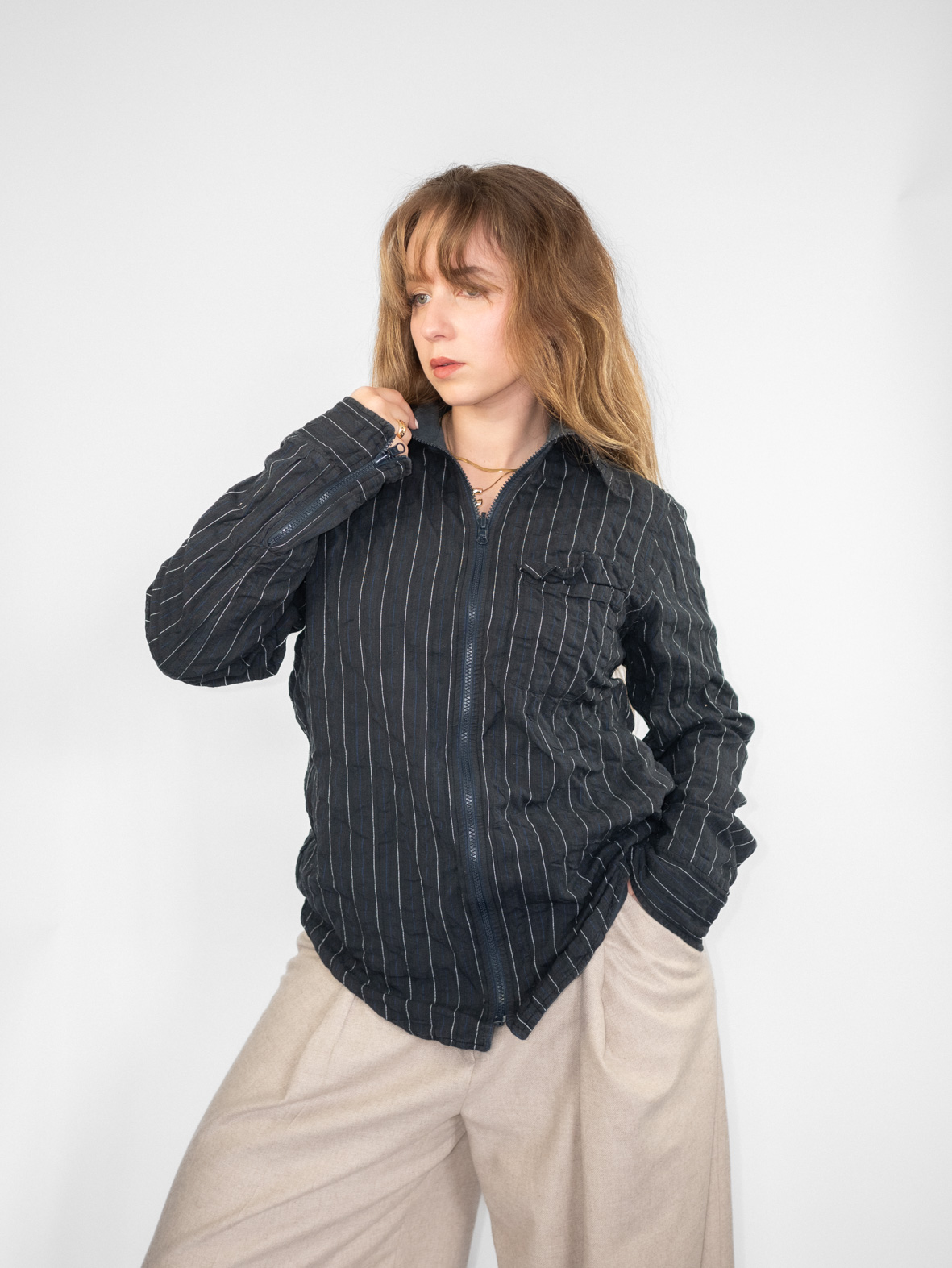 Reversible Pine Stripes Vintage Zip Cotton Shirt - M - Image 6