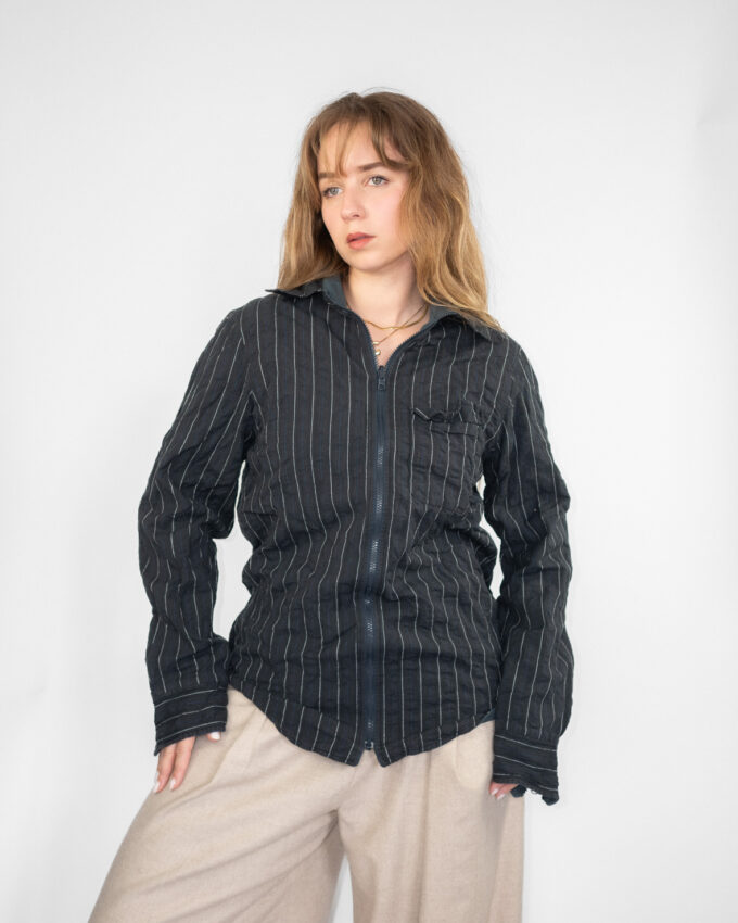 Reversible Pine Stripes Vintage Zip Cotton Shirt  - M
