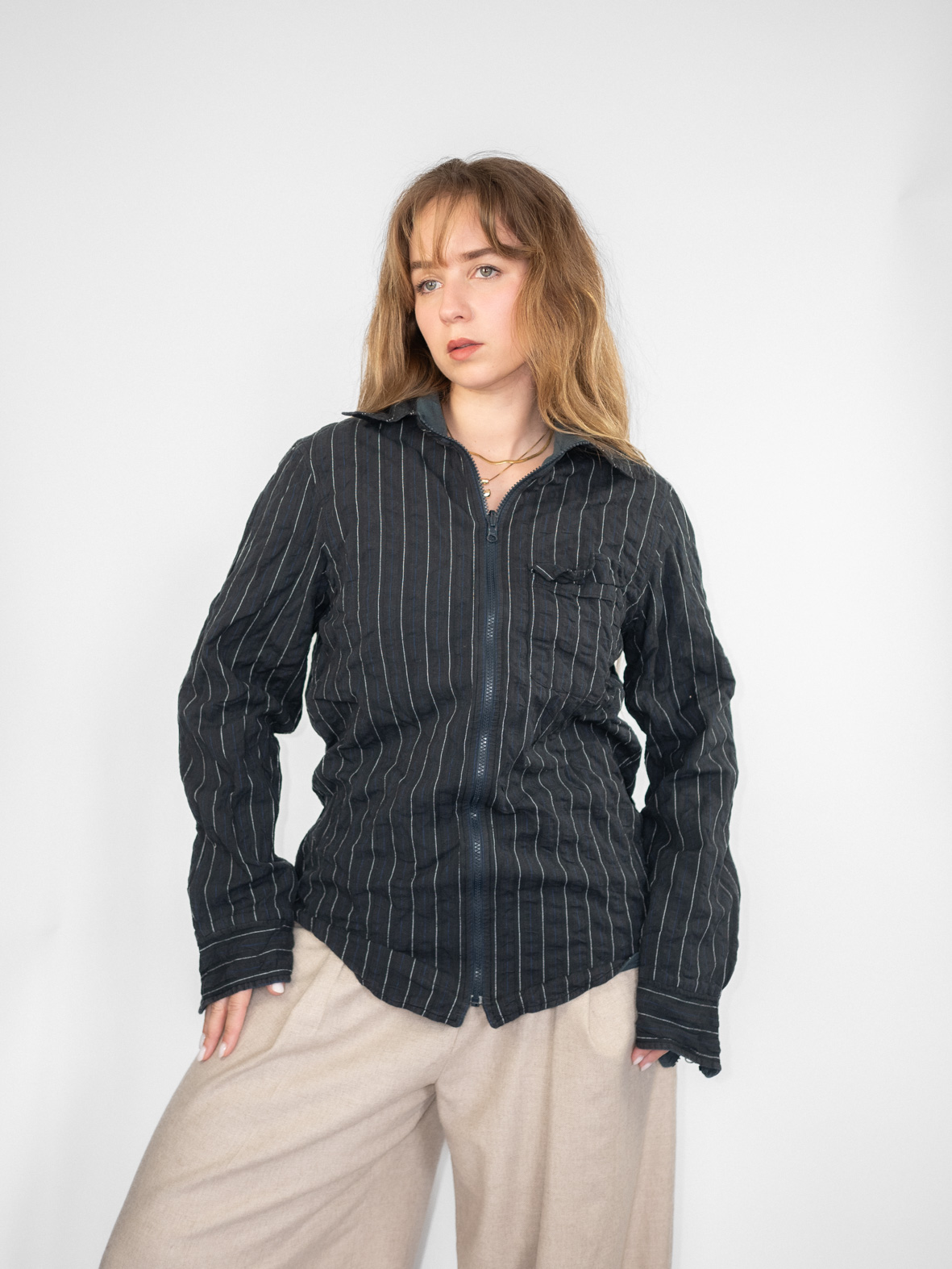 Reversible Pine Stripes Vintage Zip Cotton Shirt - M