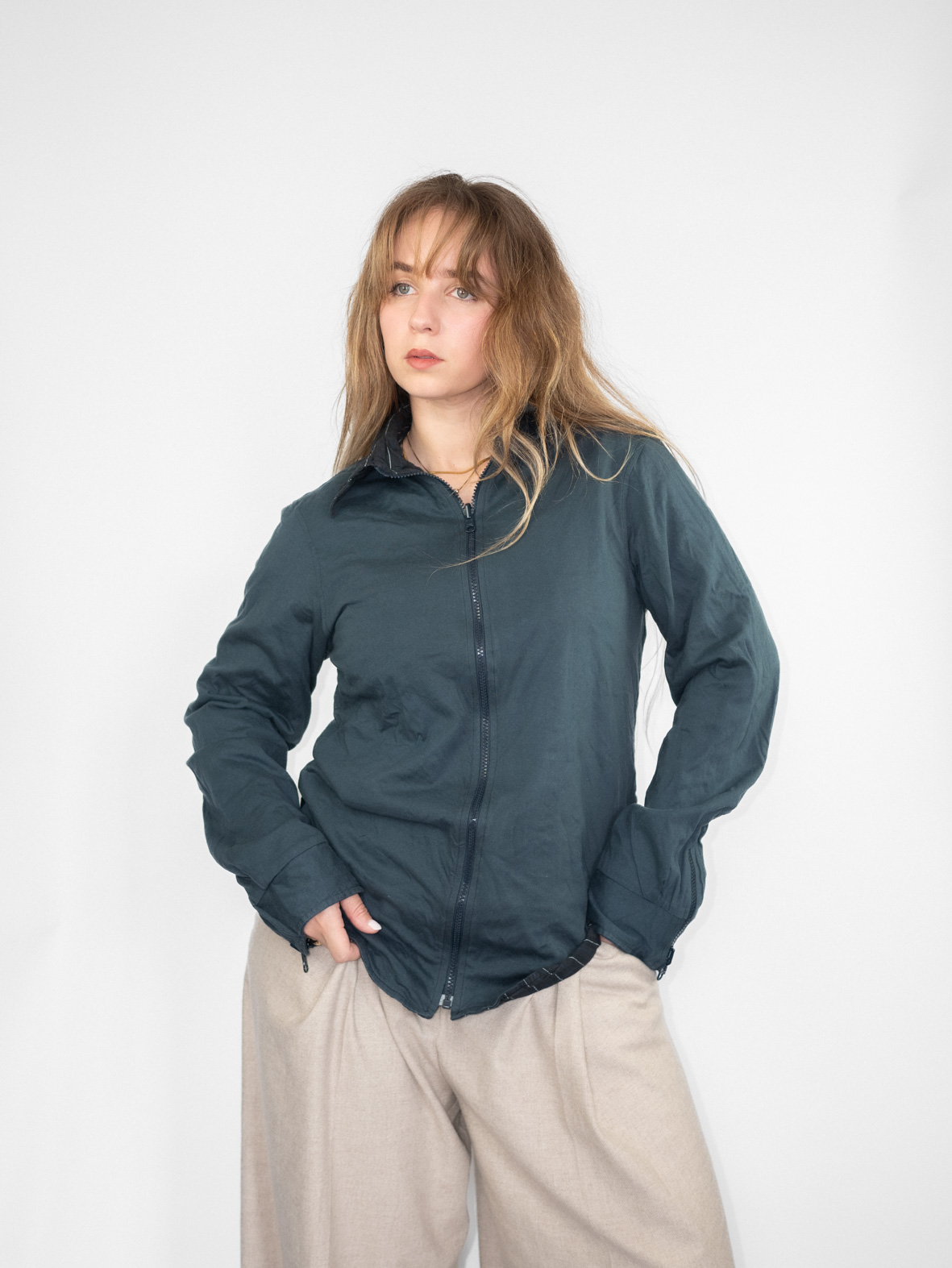 Reversible Pine Stripes Vintage Zip Cotton Shirt - M - Image 2