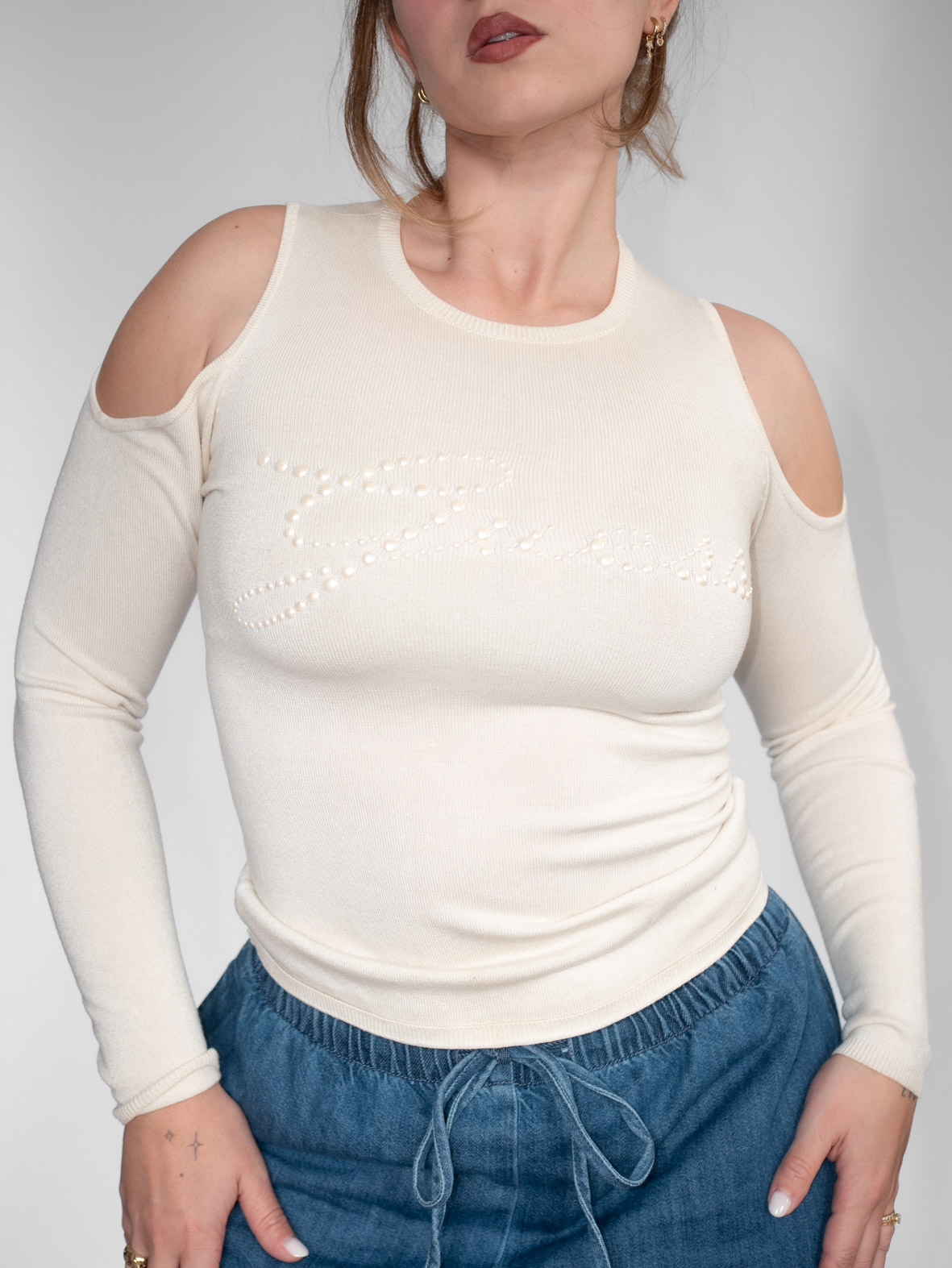 Vintage GUESS Off-White Cold Shoulder Longsleeve - S - Image 4