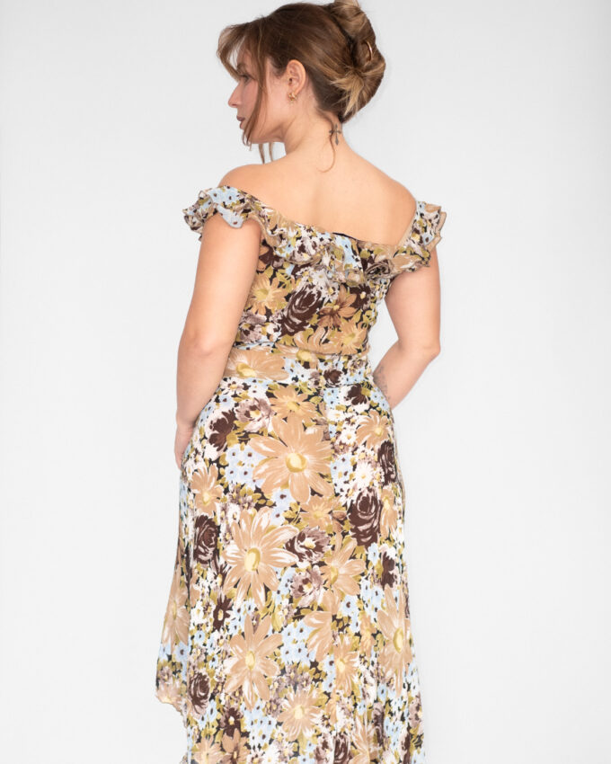 Vintage Floral Off-Shoulder Dress (Asymmetrical) - S/M