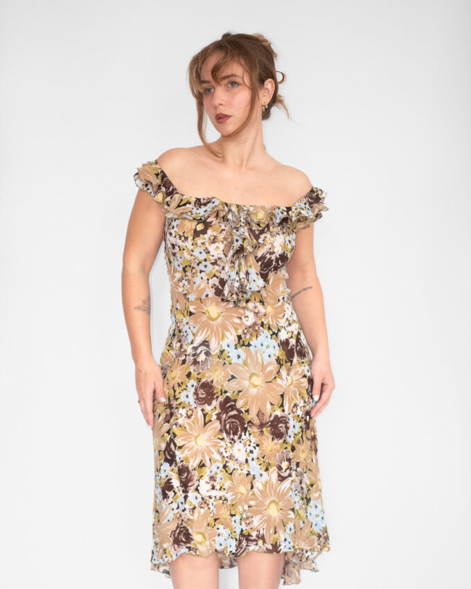 Vintage Floral Off-Shoulder Dress (Asymmetrical)  - S/M