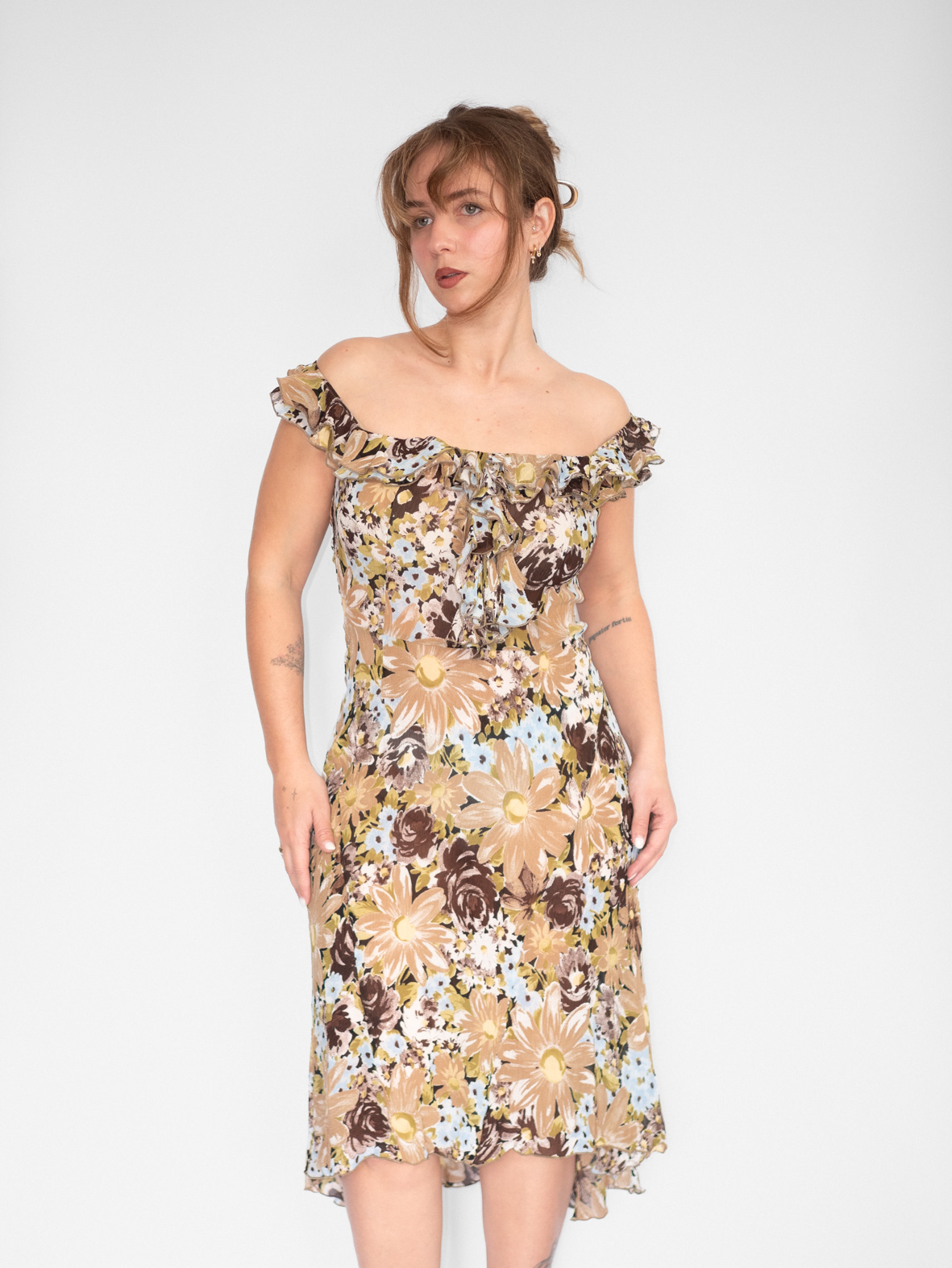 Vintage Floral Off-Shoulder Dress (Asymmetrical) - S/M