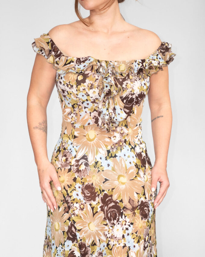 Vintage Floral Off-Shoulder Dress (Asymmetrical) - S/M