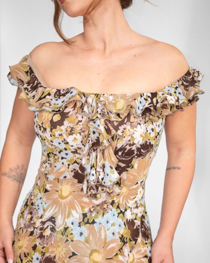 Vintage Floral Off-Shoulder Dress (Asymmetrical) - S/M