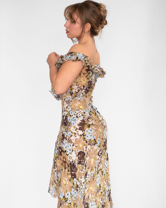 Vintage Floral Off-Shoulder Dress (Asymmetrical) - S/M