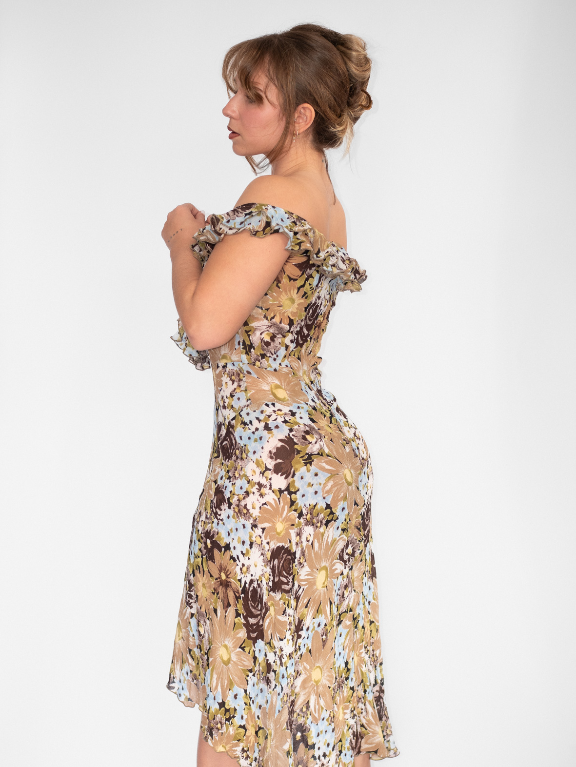 Vintage Floral Off-Shoulder Dress (Asymmetrical) - S/M - Image 3