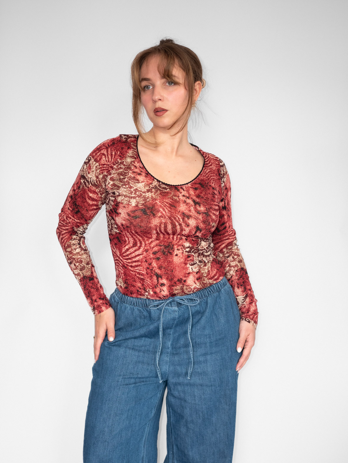 Vintage Mesh Printed Longsleeve (Merlot Mix) - S/M - Image 2