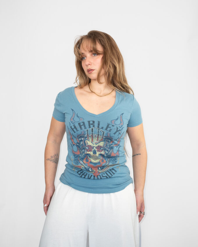 Washed Cool – 00s Harley Blue V-Neck Tee - M