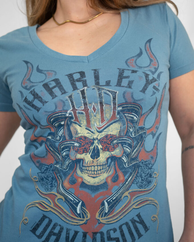 Washed Cool – 00s Harley Blue V-Neck Tee - M