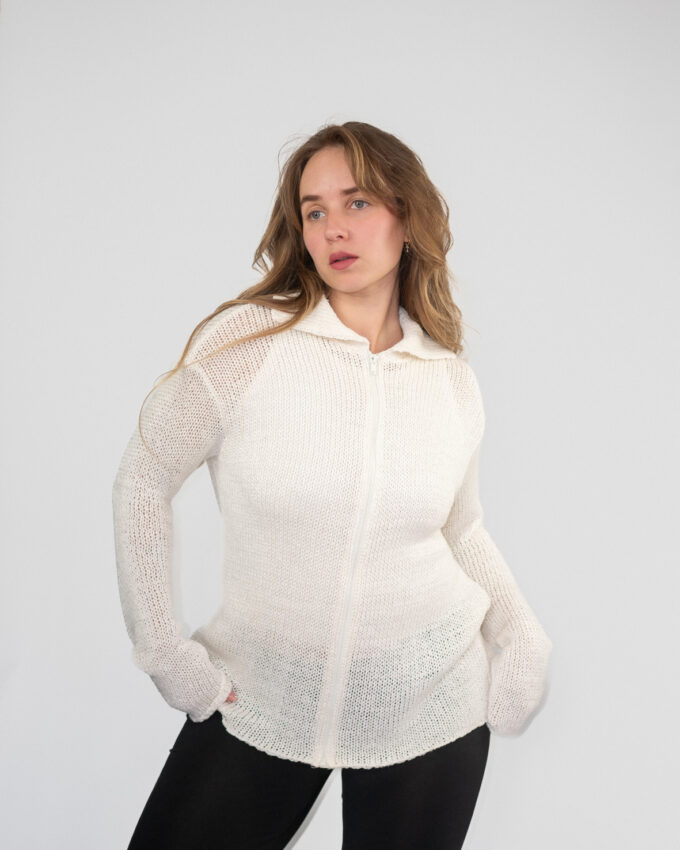 Vintage Eggshell Knit Zip-Up Cardigan – M/L