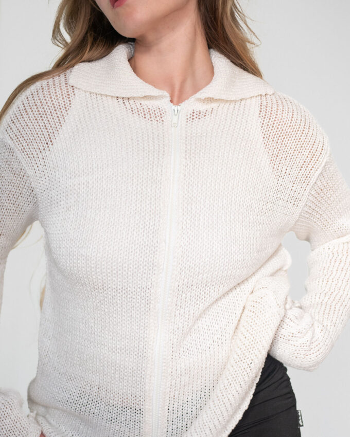 Vintage Eggshell Knit Zip-Up Cardigan – M/L