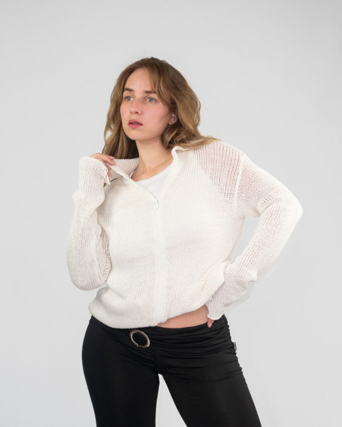 Vintage Eggshell Knit Zip-Up Cardigan – M/L