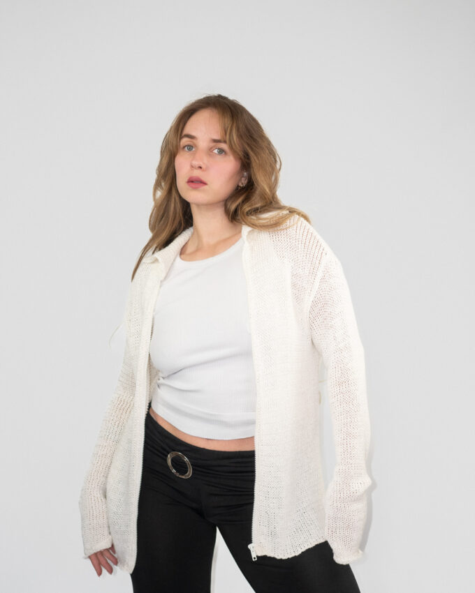 Vintage Eggshell Knit Zip-Up Cardigan – M/L