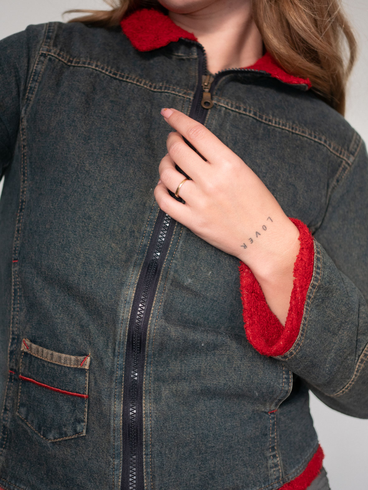 00s Denim Cotton Jacket with Red Accents – XS - Image 3