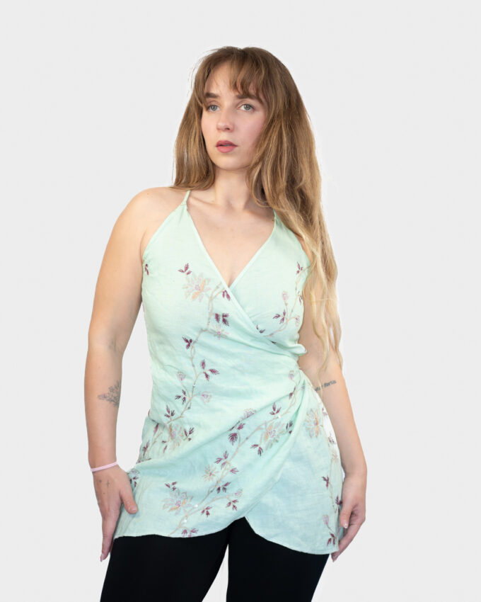 Vintage Soft Turquoise Embroidered Wrap minin Dress/Top - S