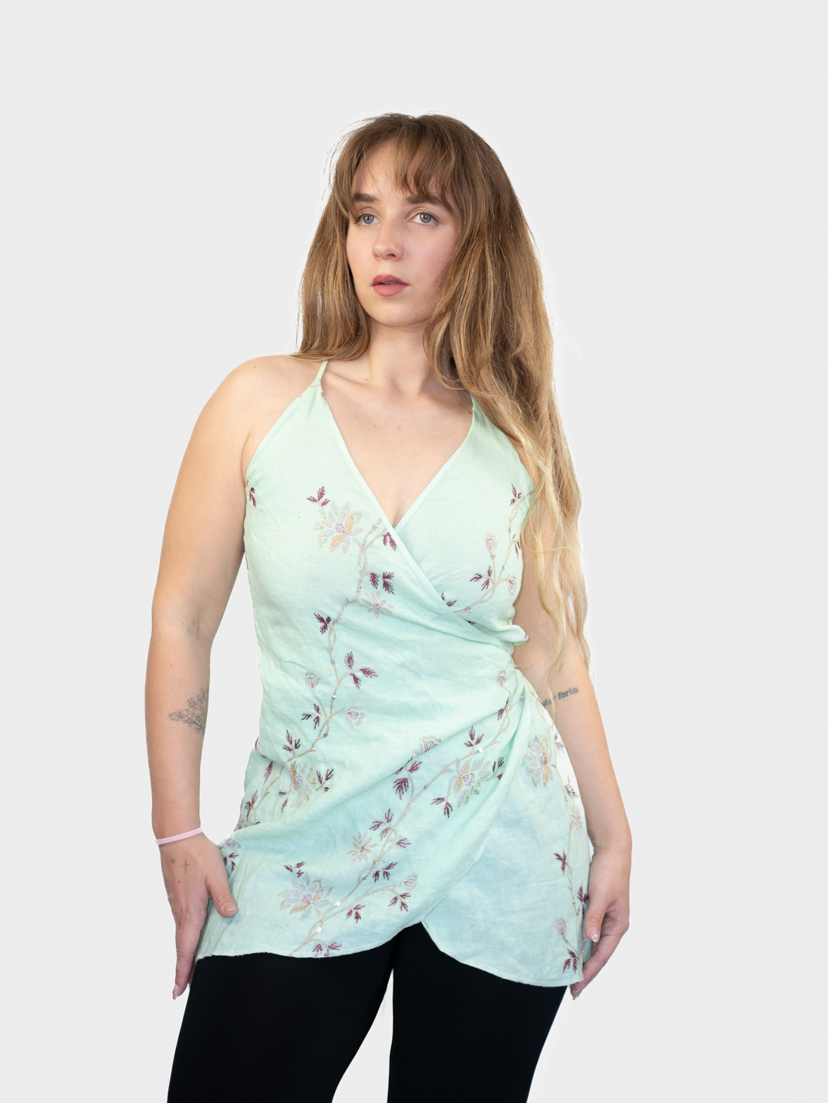 Vintage Soft Turquoise Embroidered Wrap minin Dress/Top - S